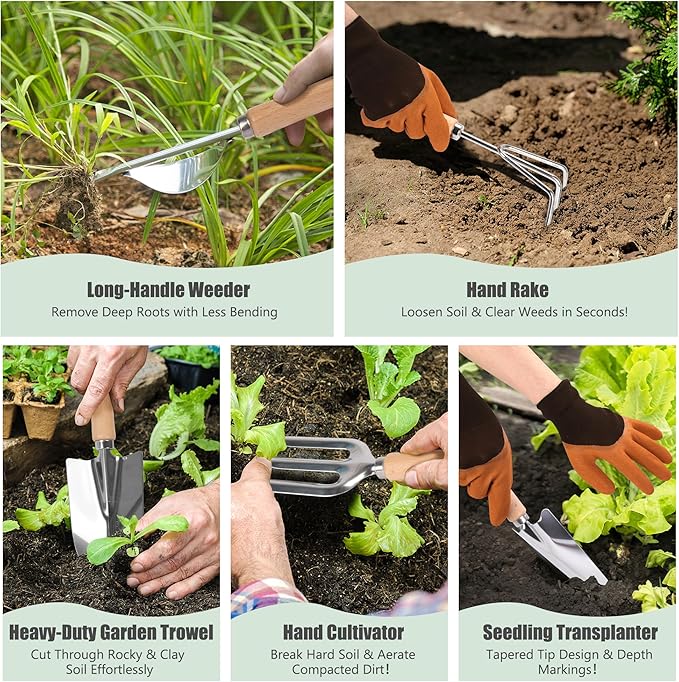 Gardening Tools Set of 10, Heavy Duty Stainless Steel Garden Hand Tools with Floral Tote Bag, Rust-Proof Garden Tools for Gardening, Gardening Gifts for Women, Men and Plant Lover