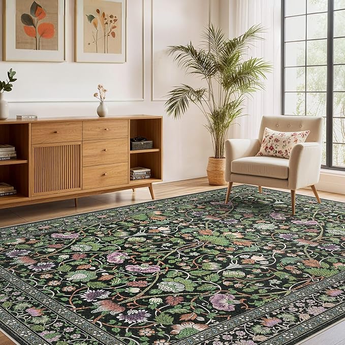 8x10 Area Rug Living Room Rugs - Washable Boho Vintage Floral Large Soft Non Slip Thin Rug Low Pile Carpet for Bedroom Dining Room Kids Playroom Office Decor Indoor- Green Dark
