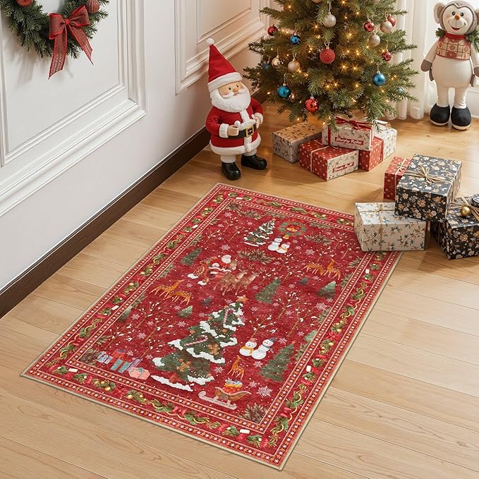 Christmas Entryway Area Rug: 2x3 Washable Neutral Modern Non-Slip Low Pile Festive Carpet for Entrance Kitchen Front Door Mat Kids Room Indoor Entry Holiday Decor - Red