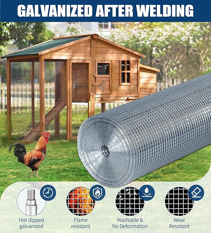 Hardware Cloth 1/2 Inch 48 in x 100 ft 19 Gauge, Hot Dip Galvanized Wire Mesh Rolls Welded Chicken Wire Fencing for Chicken Coop Barrier, Poultry Netting Cage Wire Fence(1/2 inch 48''× 100')