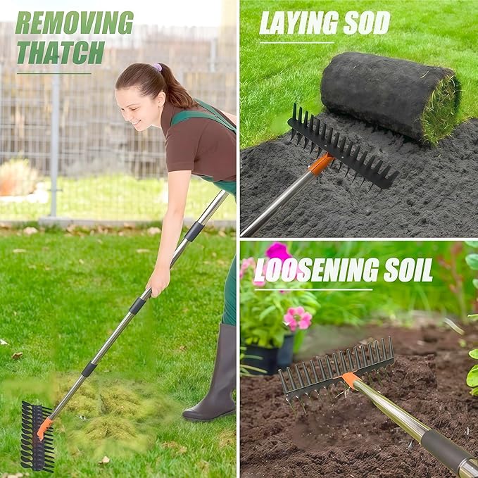 15" Heavy Duty Thatch Rake - Metal Dethatcher with Strong Handle for Lawn Yard Leaf Weed & Soil Loosening (Yellow-tine29)