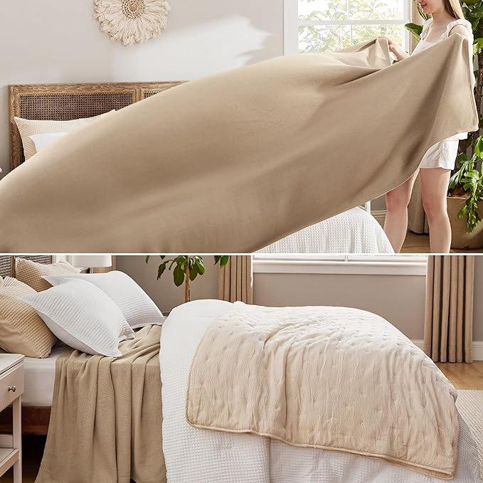 Bedsure GentleSoft 100% Cotton Blanket Queen Size for Bed - Breathable and Lightweight, Soft Cozy Textured Herringbone Woven Blanket for Summer, Taupe, 90x90 inches