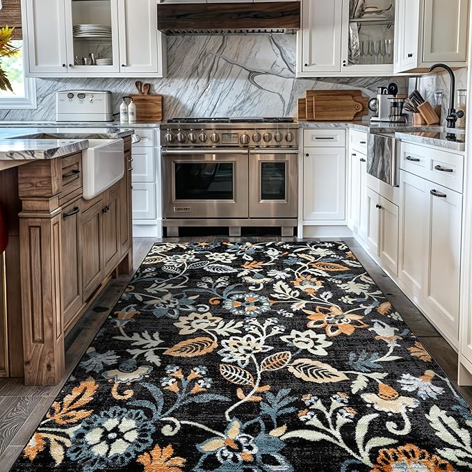 Rugshop Vine Floral Area Rug Modern for Living Room, Bedroom, or Entryway Black Multi 4' x 6' Black