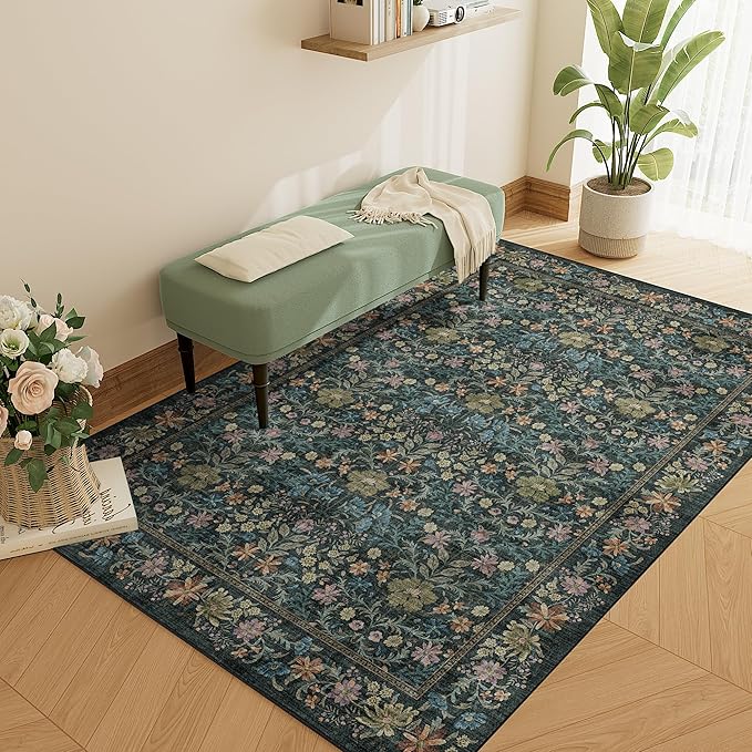 DUKINO 4x6 Rugs for Living Room, Lightweight Non Slip Washable Rug with Low Pile Design, Vintage Floral Non-Shedding Soft Carpet for Living Room, Bedroom, Farmhouse, Office, Bathroom, Blue
