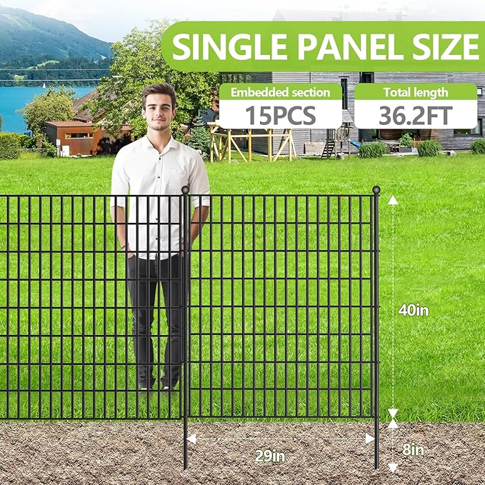 15 Panels No Dig Garden Fence with Gate, 40 in(H) X 36.3 ft(L) Metal Fence Panels, Thickened Rustproof Garden Fencing, Animal Barrier Fence for for Dogs, Rabbits, Landscape, Patio