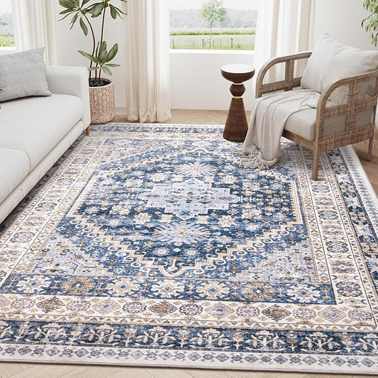 zesthome 4x6 Rug - Stain Resistant Washable Rug, Anti Slip Backing Rugs for Living Room, Foldable Vintage Small Area Rugs (Blue/Beige,4'x6')