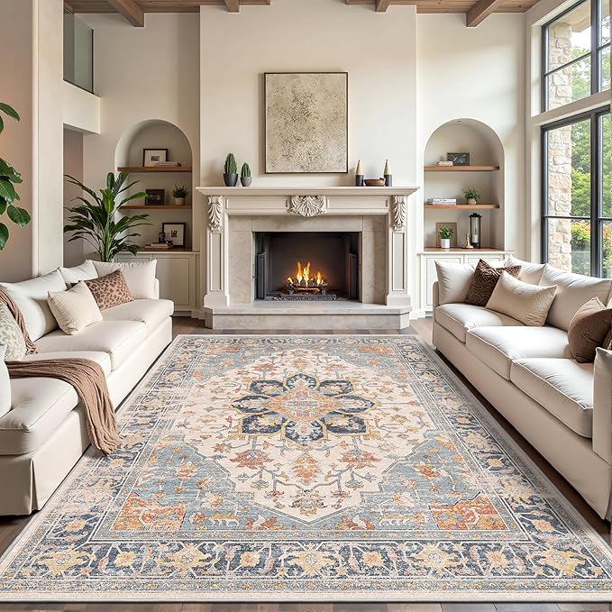 Rugland 6x9 Area Rugs - Stain Resistant Washable Rug, Anti Slip Rugs for Living Room, Vintage Tribal Area Rugs(TPR11-Blue, 6'x9')