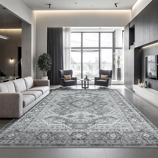 Rugland 6x9 Rug - Stain Resistant Washable Rug, Anti Slip Backing Rugs for Living Room, Vintage Tribal Area Rugs (TPR07-Grey, 6'x9')