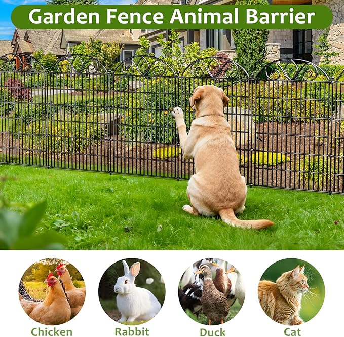 4 Panels No Dig Tall Garden Fence with Gate – 48" H X 10.5' L Rustproof Metal Dog Fence Outdoor for Yard, Decorative Animal Barrier Fence for Pet, Garden Border, Patio, Flower | Temporary Fencing