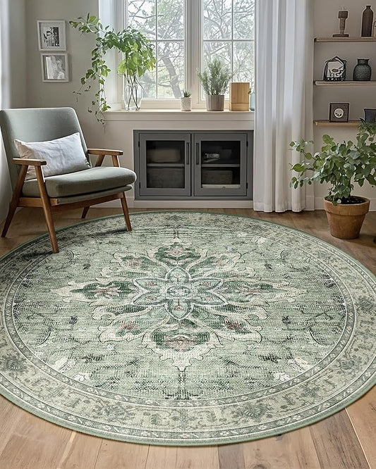 Area Rugs 5ft Washable Non-Slip, Floral Vintage Distress Print Pattern Medallion Carpet for Living Room Bedroom Dining Room, Dark Green Gray