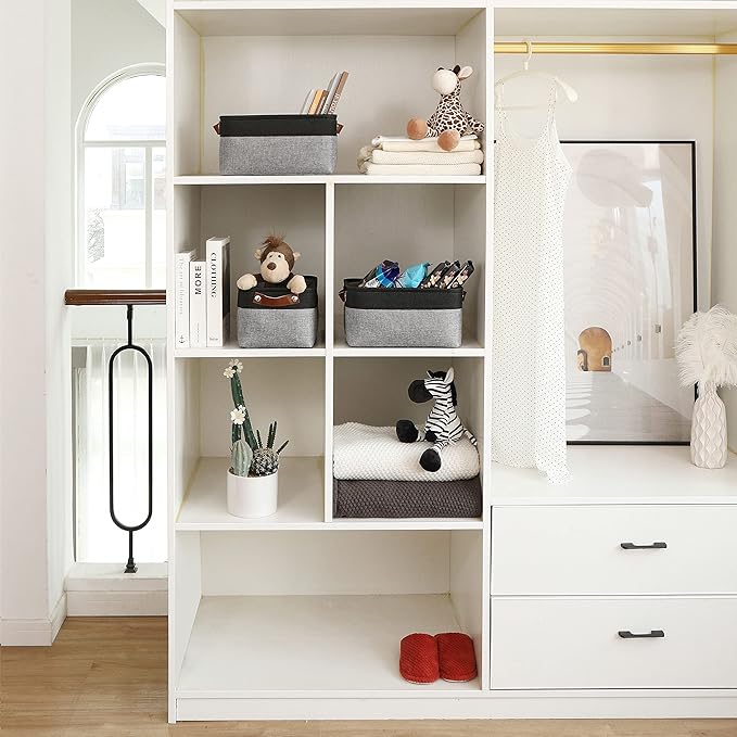 OrganiHaus Small Fabric Storage Baskets for Shelves 3 Pack, 12x08in Closet Storage Bins for Shelves, Canvas Baskets for Organizing, Linen Closet Organizers, Cloth Basket, Gray/Black