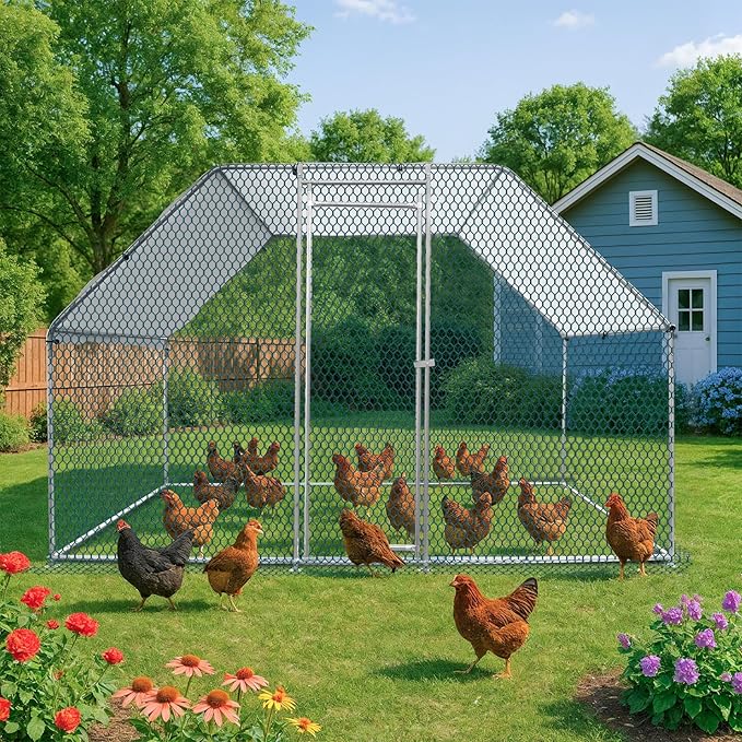 VINGLI Chicken Coop, Large Metal Poultry Cage for Chicken Run, Walk-in Chicken Pen with Waterproof & Anti-UV Cover Outdoor (Silver-Flat Roof, 6.5 * 9.8 * 6.5 ft)