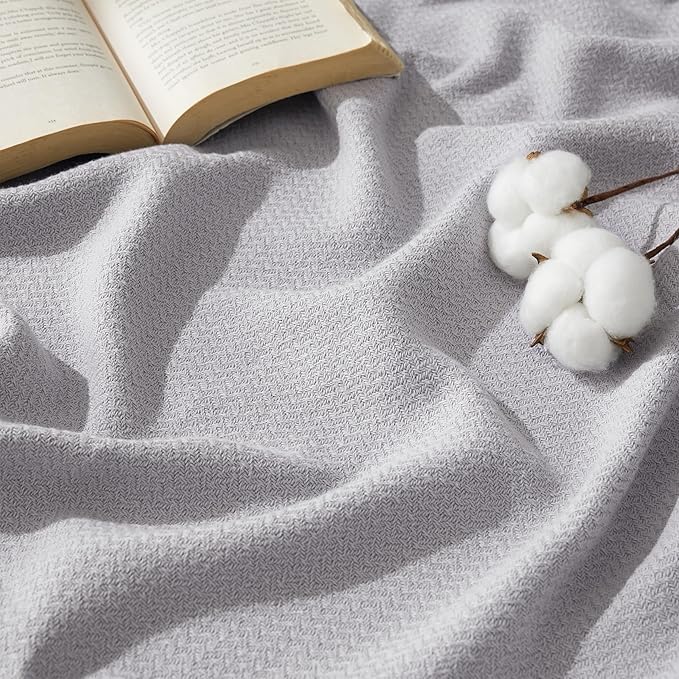 Bedsure GentleSoft 100% Cotton Blanket Full Size for Bed - Breathable and Lightweight, Soft Cozy Textured Herringbone Woven Blanket, Grey, 80x90 inches