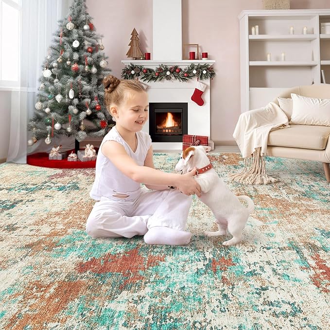 9x12 Christmas Area Rug Living Room Rugs - Washable Neutral Modern Abstract Soft Thin Large Rug Indoor Floor No Slip Rug Carpet for Bedroom Under Dining Table Home Office Decor - Colorful