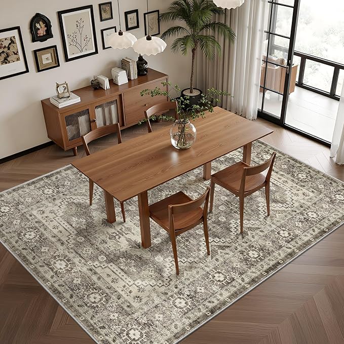 Rugland 4x6 Rug - Stain Resistant Washable Rug, Anti Slip Backing Rugs for Living Room, Vintage Tribal Area Rugs (TPR07-Ivory, 4'x6')