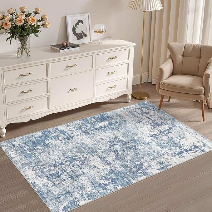 3x5 Area Rug Living Room Rugs - Washable Neutral Modern Abstract Soft Thin Rug Indoor Floor No Slip Rug Carpet for Bedroom Under Dining Table Home Office Decor - Blue White