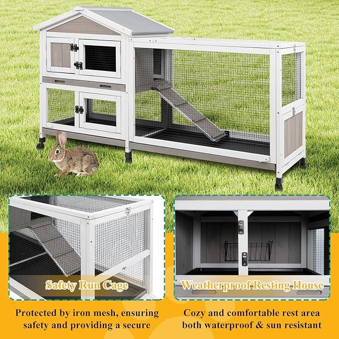 Outdoor Rabbit Hutch 2-Story Hutch for Indoor Bunny Weatherproof Bunny Cage with 6 Wheels, 3 Waterproof,Pull Out Trays, Safe Metal Run, and Multi-Functional Design for 1-3 Rabbits Small Pets