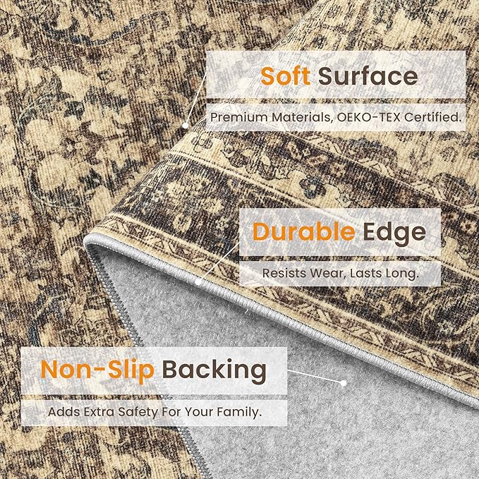 Rugland 5x7 Area Rugs - Stain Resistant Washable Rug, Anti Slip Rugs for Living Room, Vintage Tribal Area Rugs(Vintage01-Brown, 5'x7')