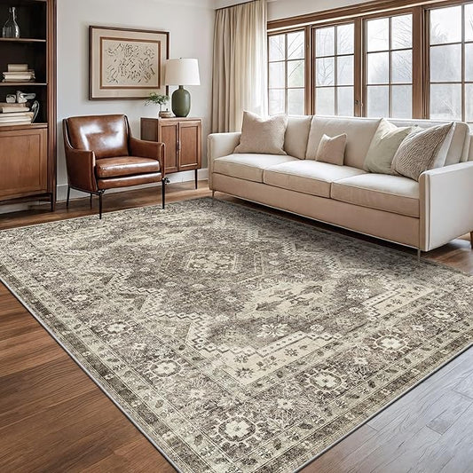 Rugland 6x9 Rug - Stain Resistant Washable Rug, Anti Slip Backing Rugs for Living Room, Vintage Tribal Area Rugs (TPR07-Ivory, 6'x9')