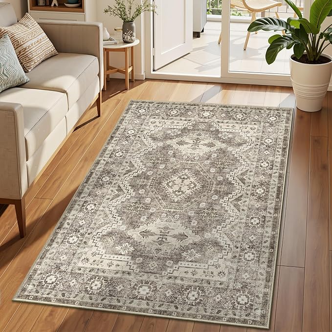 Rugland 3x5 Rug - Stain Resistant Washable Rug, Anti Slip Backing Rugs for Living Room, Vintage Tribal Area Rugs (TPR07-Ivory, 3'x5')