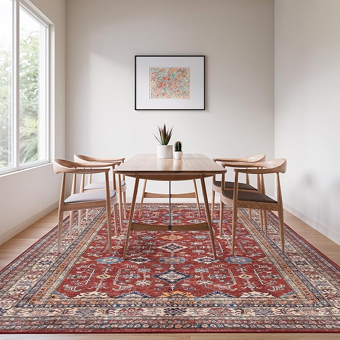 Rugland 5x7 Area Rugs - Stain Resistant Washable Rug, Anti Slip Backing Rugs for Living Room, Vintage Tribal Area Rugs(Burgundy, 5'x7')