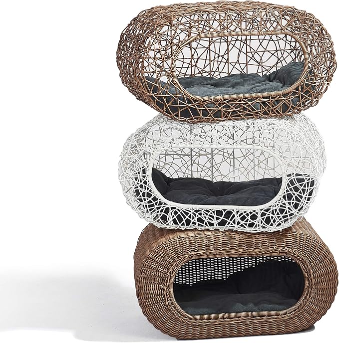 Fun Stackable White Cat Condo Clearance for Indoor Cats - Interactive Play Rattan Modern Cat House for Indoor Cats Kitty, Pet Friendly Top/Side House Entry, Cat Bed Enclosed