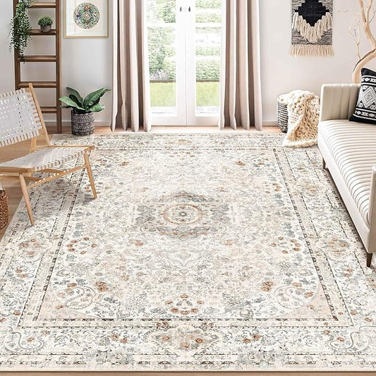 8x10 Area Rugs Washable,Boho Rug for Living Room Bedroom Dining Room,Large Vintage Bohemian Distressed Carpet Non Slip,Beige