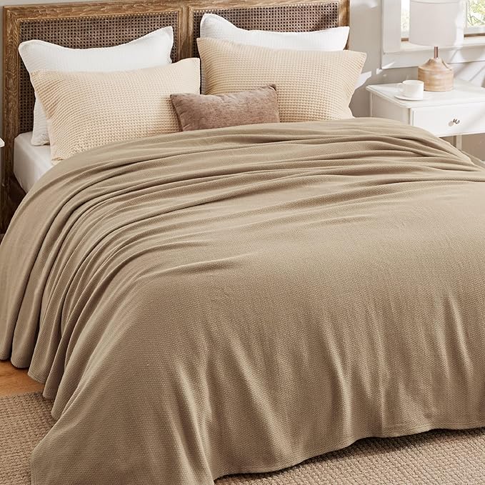 Bedsure GentleSoft 100% Cotton Large Blanket Oversized King for Bed 120x94 inches - Breathable Soft Cozy Herringbone Woven Blanket for Summer, Couch Cover, Taupe