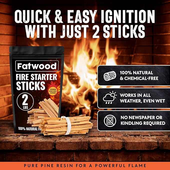 2lb Fatwood Fire Starter Sticks | 100% Natural Fire Starters for Campfires, Firepit, Wood Stoves, Fireplaces, BBQ | Start a Fire w/Just 2 Sticks | Camping Essentials by Billy Buckskin (2lb Bag)