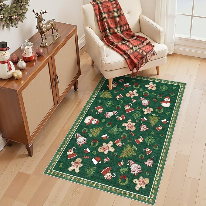 Washable Christmas Area Rug: 3x5 Neutral Modern Festive Carpet - Non-Slip Soft Thin Low Pile Throw Indoor Rugs for Bedroom Kitchen Entrance Living Room - Christmas Green