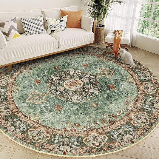 Round Rug 9ft,Large Green Circle Area Rugs for Bedroom Living Room,Washable Boho Vintage Bohemian Distressed Oriental Floral Carpet Non Slip