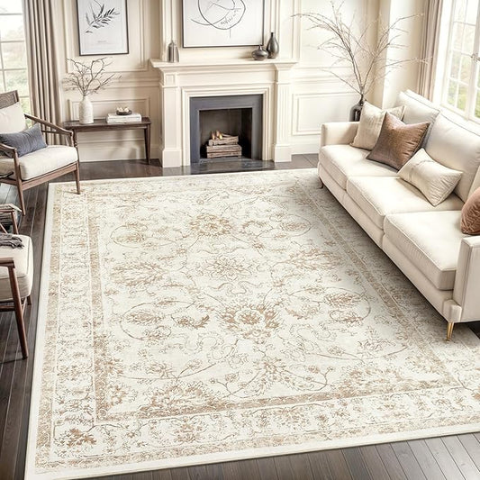 Madane 5x7 Area Rugs for Living Room, Washable Vintage Natural Rug with Non-Slip Backing, Soft Floral Print Throw Rugs Floor Low Pile Carpet for Bedroom Dining Room Farmhouse (5 x 7, Wood/Ivory)