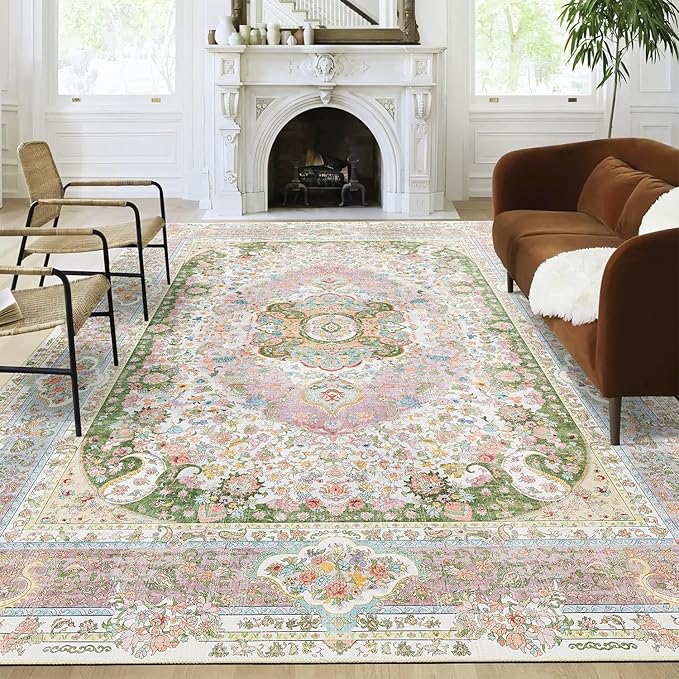9x12 Area Rugs Washable,Pink Rug for Living Room Bedroom Dining Room,Large Boho Vintage Bohemian Distressed Carpet Non Slip,Blush Green