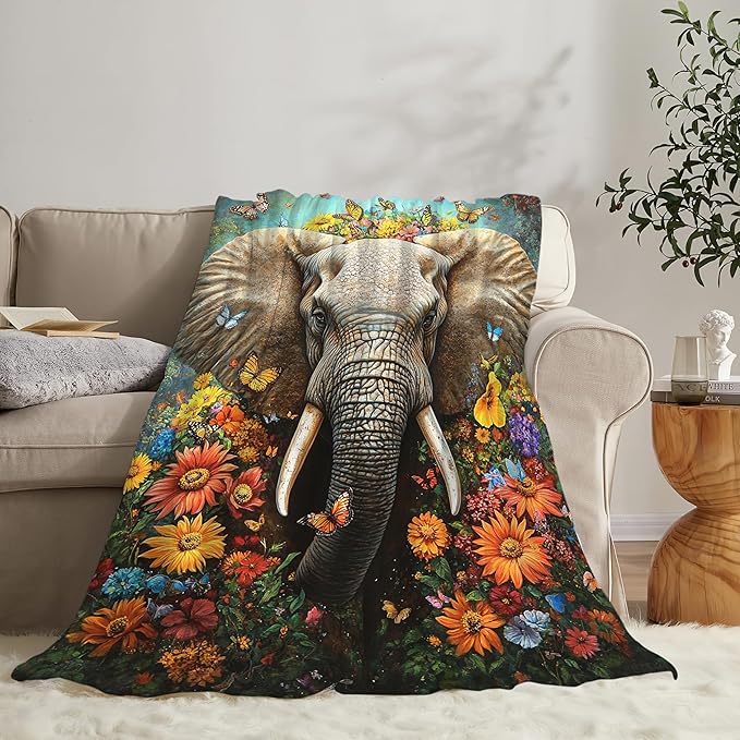 Elephant Blanket Gifts for Girls Boys Soft Warm Plush Elephant Animal Flower Butterfly Throw Blanket Flannel Fleece Fuzzy Blankets for Kids Lover Bed Couch Living Room Decor 50"X40"