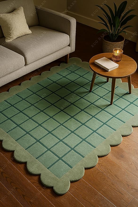 Mint Green Scalloped Edge Wool Area Rug with Checker Grid Design, Hand-Tufted Soft Carpet for Living Room, Bedroom, Nursery, Kids & Playroom Décor - 2.5x11 Ft (Runner)