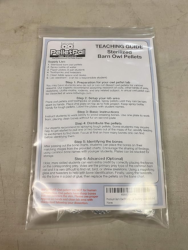 Premium Barn Owl Pellets, Small: 1.25"-1.5" (Pack of 20) - Free Bone Identification Chart, Forceps, Paddle Picks, and Teaching Guide Included!