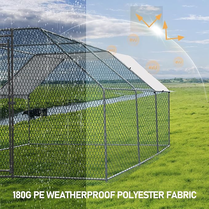 VINGLI Chicken Coop, Large Metal Poultry Cage for Chicken Run, Walk-in Chicken Pen with Waterproof & Anti-UV Cover Outdoor (Silver-Flat Roof, 19.7 * 9.8 * 6.5 ft)
