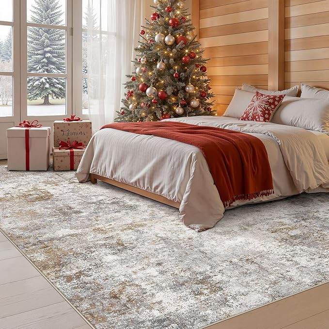9x12 Area Rug Living Room Rugs - Washable Neutral Modern Abstract Soft Thin Large Rug Indoor Floor No Slip Rug Carpet for Bedroom Under Dining Table Home Office Decor - Brown Grey