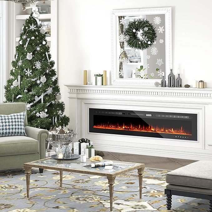 CharaVector 80 inch 750W/1500W Electric Fireplace Inserts with Remote Control in Wall Mounted, Energy Saving LED Insert Fireplace Heater Indoor Glass View with Remote Control & Touch Screen, Black