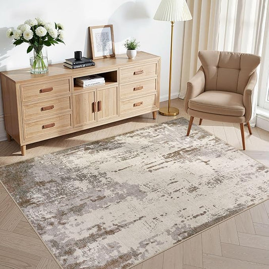 4x6 Area Rug Living Room Rugs - Washable Neutral Modern Abstract Soft Thin Rug Indoor Floor No Slip Rug Carpet for Bedroom Under Dining Table Home Office Decor - Brown/Grey/Beige