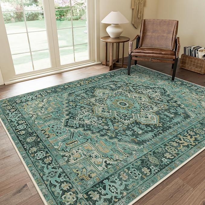GENIMO Machine Washable 8x10 Area Rugs for Living Room, Non Slip Vintage Rugs, Low Pile Lightweight Chenille Print Rug for Bedroom, Dining Room, Home Office, Turquoise