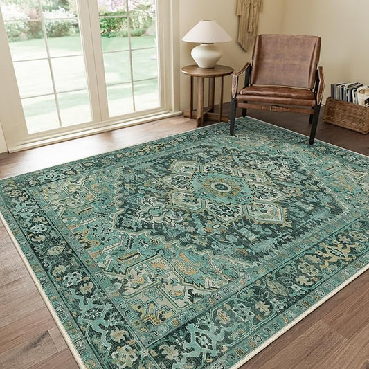 GENIMO Machine Washable 8x10 Area Rugs for Living Room, Non Slip Vintage Rugs, Low Pile Lightweight Chenille Print Rug for Bedroom, Dining Room, Home Office, Turquoise