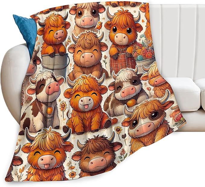 Highland Cow Blanket Soft Warm Cute Cattle Plush Throw Blanket Cozy Lightweight Animal Flannel Fleece Bedding Stuff Decor Blanket Gifts for Lover Girls Boys Kids Women Adults Bed Travel 50"x60"
