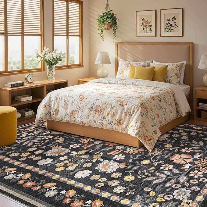 5x7 Area Rug Living Room Rugs - Washable Boho Vintage Floral Large Soft Non Slip Thin Rug Low Pile Carpet for Bedroom Dining Room Kids Playroom Office Decor Indoor- Black Grey