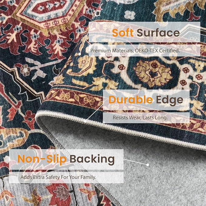 Rugland 8x10 Area Rugs - Stain Resistant Washable Rug, Anti Slip Rugs for Living Room, Vintage Tribal Area Rugs(Medallion 01-Rust/Blue, 8'x10')