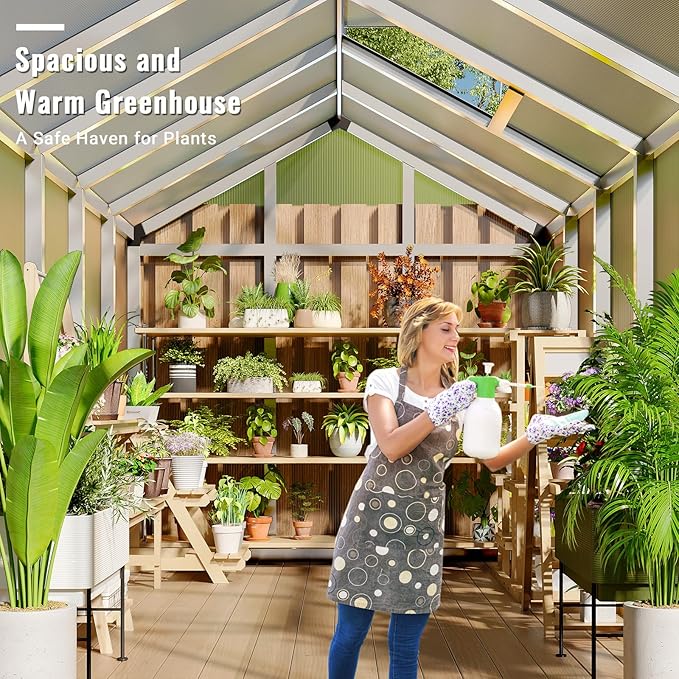 6x10 FT Greenhouse, Easy Assembly Aluminum Polycarbonate Greenhouses for Outdoors with Roof Vent, Large Aluminum Walk-in Greenhouse for Sunroom Patio, Backyard, Garden, Sliding Lockable Door, Silver