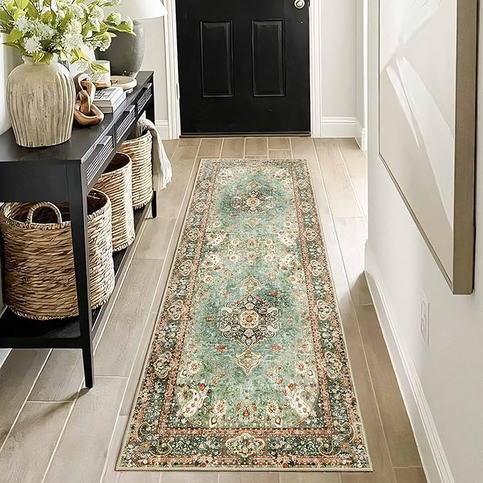 Washable Runner Rug 2x6,Green Rug Runners Non Slip,Long Boho Rugs for Hallways Kitchen Bedroom Entryway Living Room Bathroom,Vintage Bohemian Distressed Oriental Floor Carpet