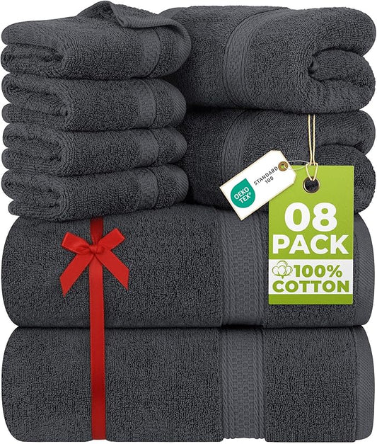 Utopia Towels 8 Piece Luxury Towel Set – Majestic Plush, Super Absorbent & Quicker-to-Dry, Thick 100% Ring Spun Cotton Towels for Bathroom, Spa & Hotel – 2 Bath, 2 Hand, 4 Washcloths, Grey