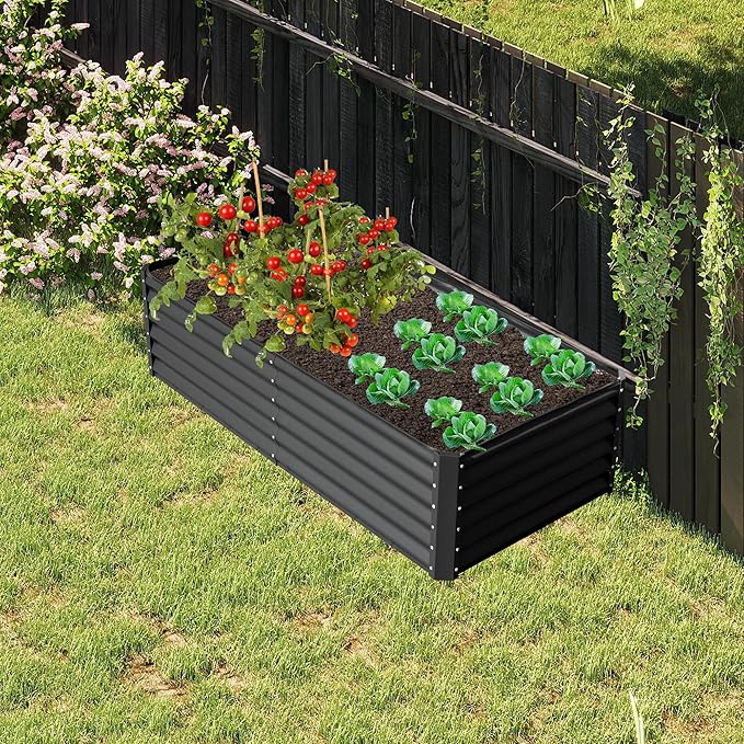 Domi 6x3x2ft Metal Raised Garden Beds Outdoor, Thickened Galvanized Steel Deep Root Planter Box with Stabilizing Bars & Rubber Edging for Vegetables, Flowers, Herbs - Dark Gray