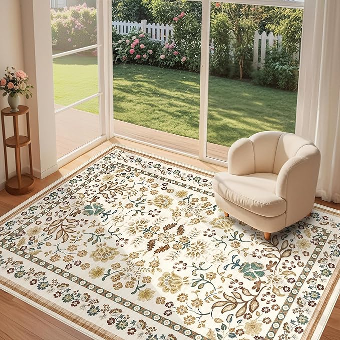 9x12 Area Living Room Rugs - Washable Boho Vintage Floral Large Soft Non Slip Thin Rug Low Pile Carpet for Bedroom Dining Room Kids Playroom Office Decor Indoor- Brown